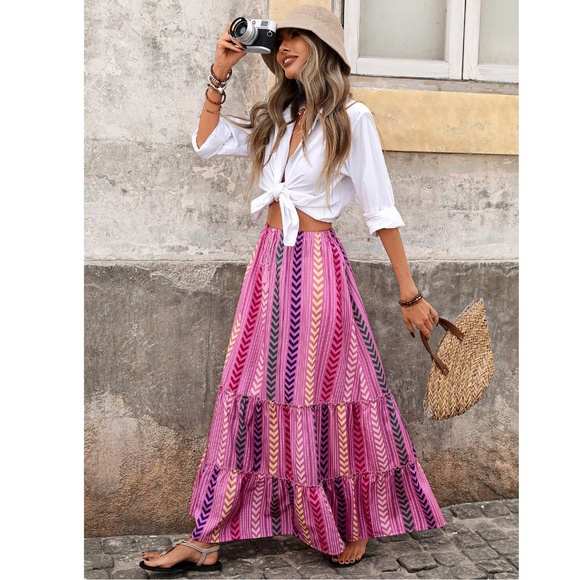 Pink Bohemian Chevron Print Ruffle Detail Maxi Skirt Faux Tassel Ties - Picture 5 of 7